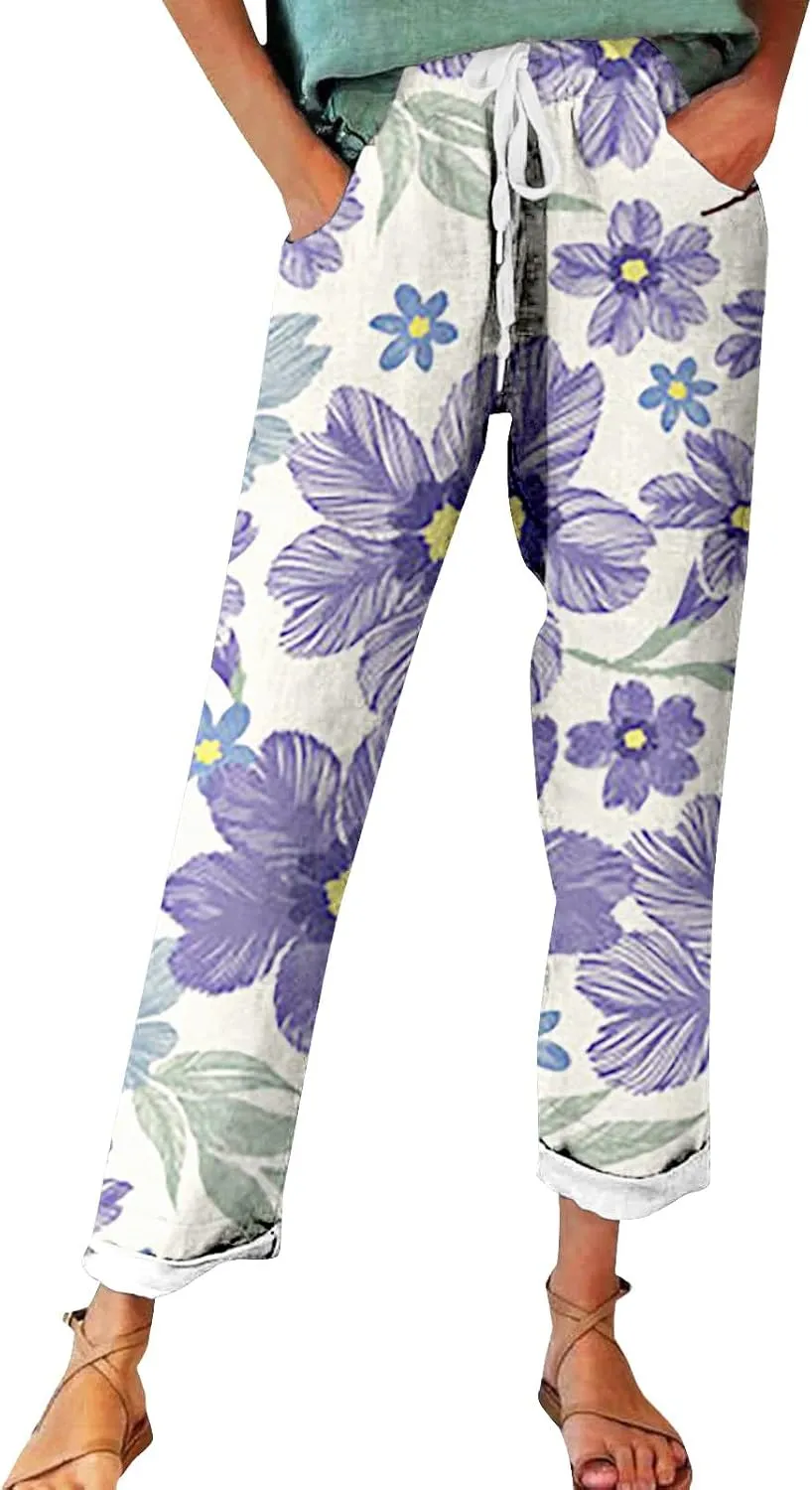 Outfits for Women Summer Wide Leg Pants Drawstring Elastic Waist Pants High Waisted Pants Casual Beach Trousers