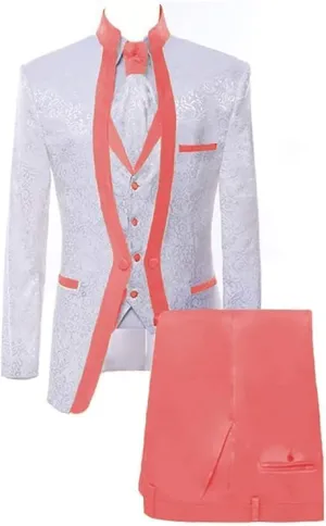 Paisley Slim Fit White Premium Floral Tuxedo Prom Wedding Groom 3 Pieces Suits