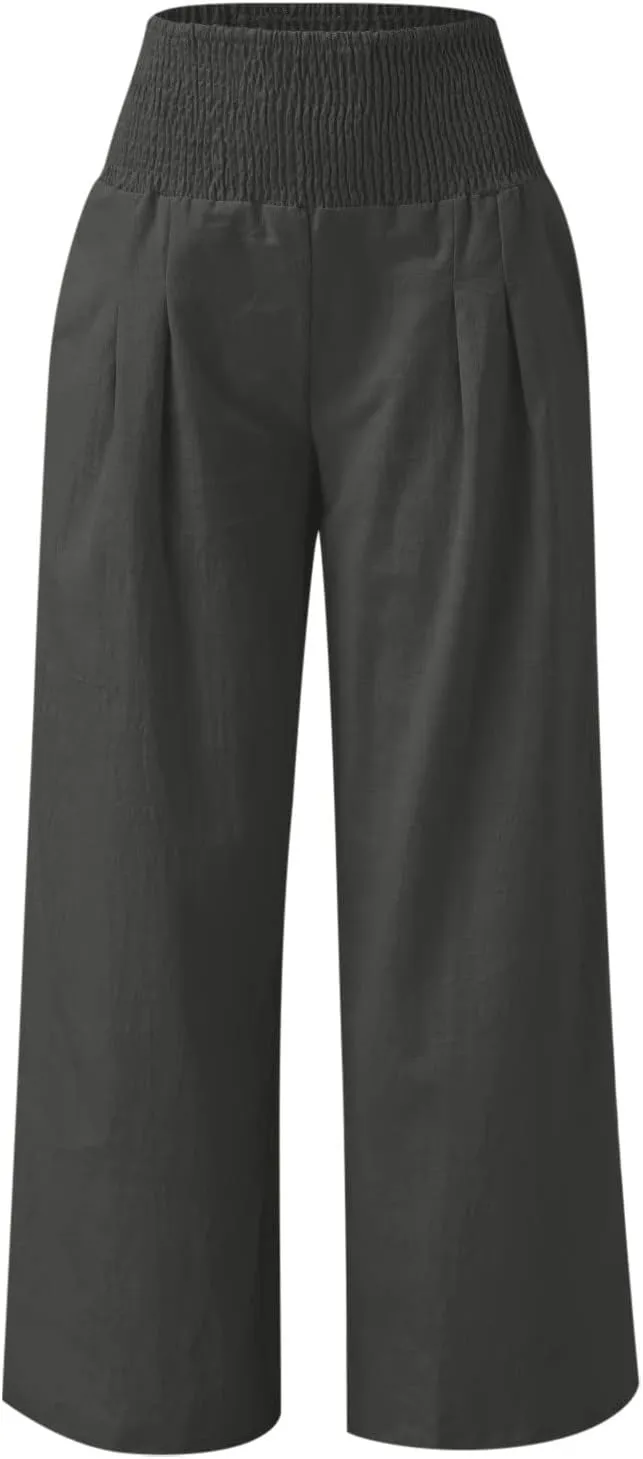 Palazzo Pants for Women Elastic High Waisted Linen Pants Casual Wide Leg Lounge Pants Summer Trousers with Pockets