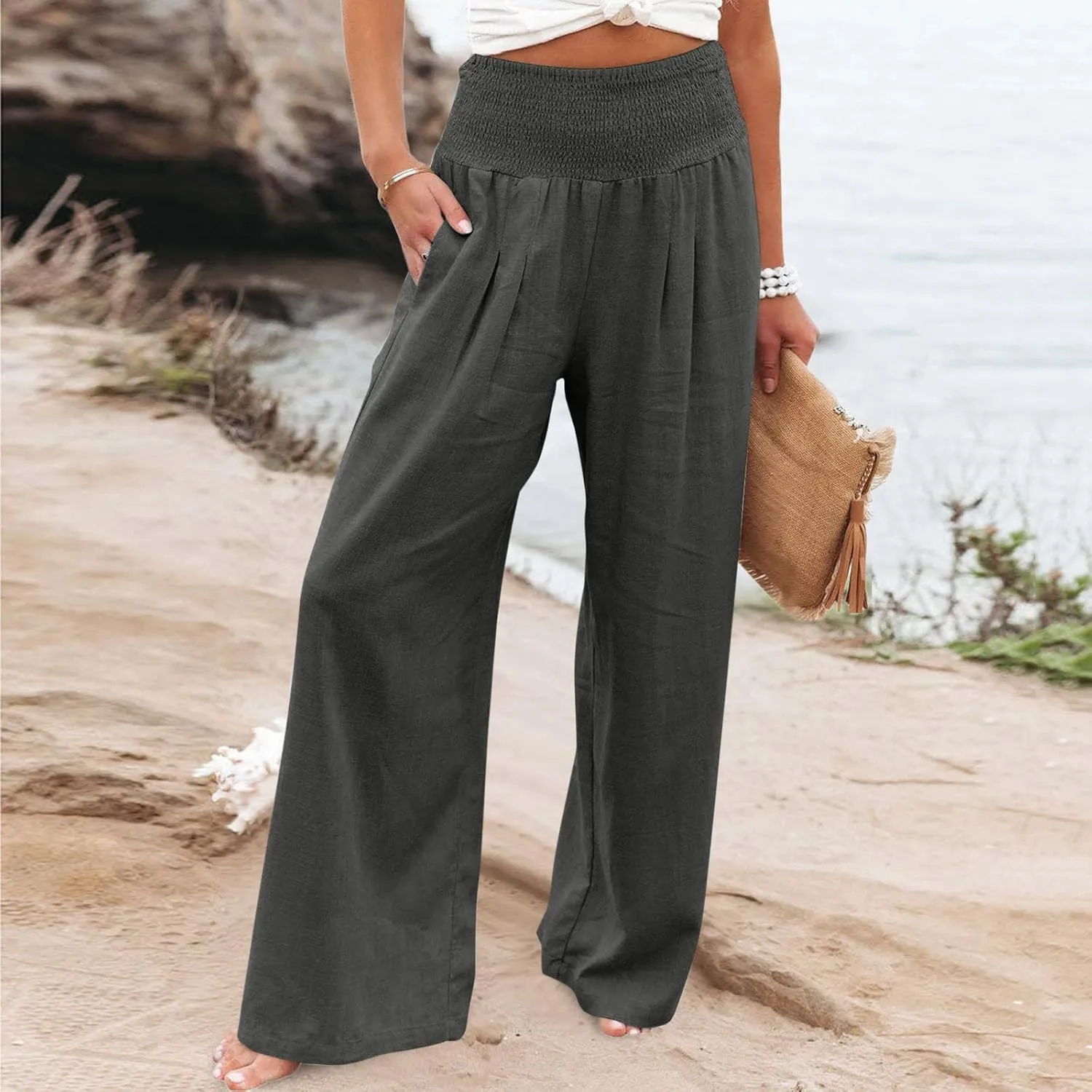 Palazzo Pants for Women Elastic High Waisted Linen Pants Casual Wide Leg Lounge Pants Summer Trousers with Pockets