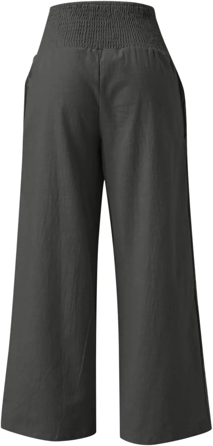 Palazzo Pants for Women Elastic High Waisted Linen Pants Casual Wide Leg Lounge Pants Summer Trousers with Pockets
