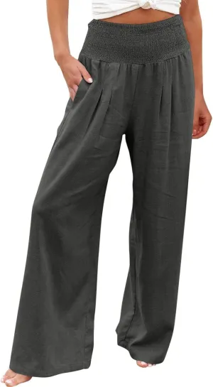 Palazzo Pants for Women Elastic High Waisted Linen Pants Casual Wide Leg Lounge Pants Summer Trousers with Pockets