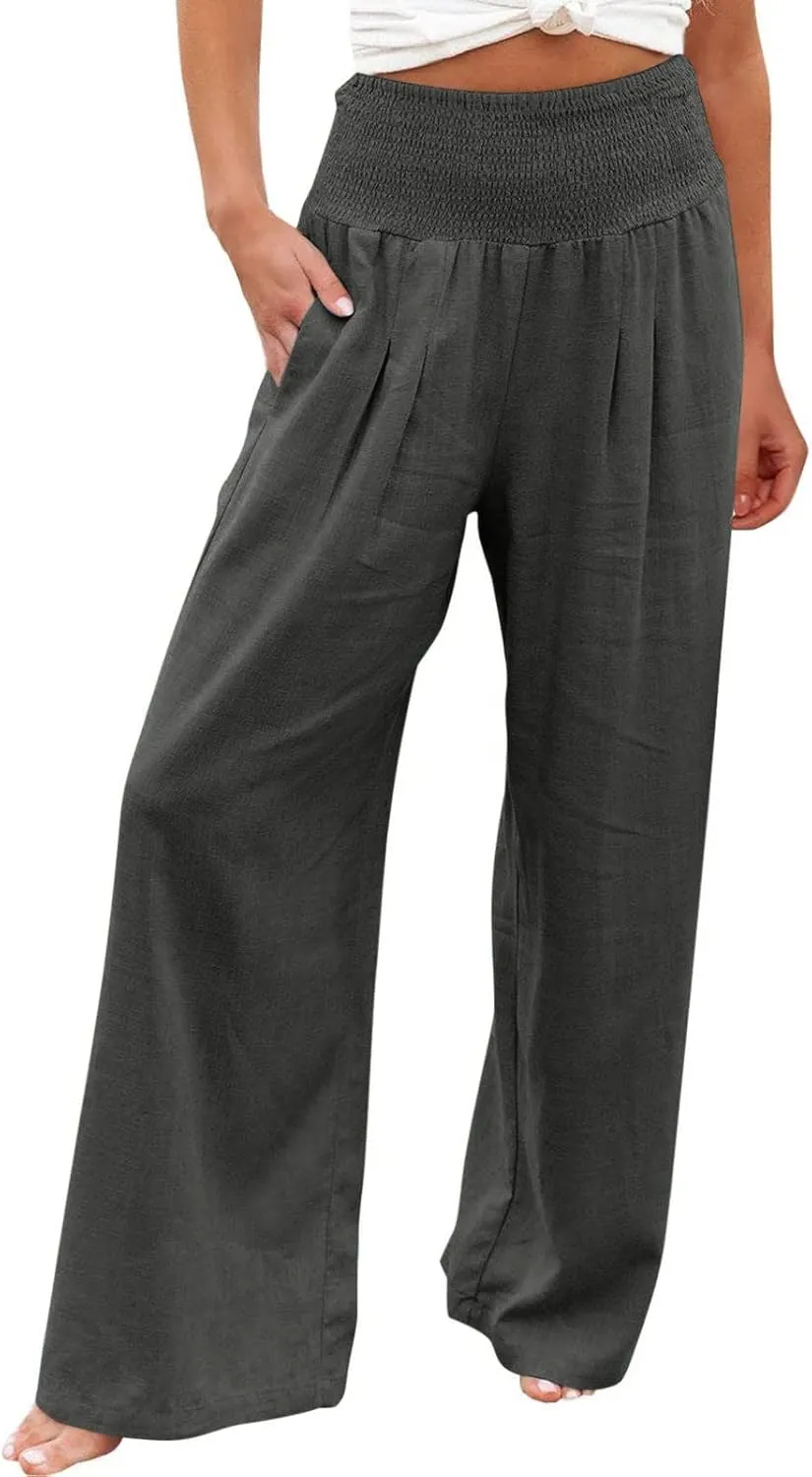 Palazzo Pants for Women Elastic High Waisted Linen Pants Casual Wide Leg Lounge Pants Summer Trousers with Pockets