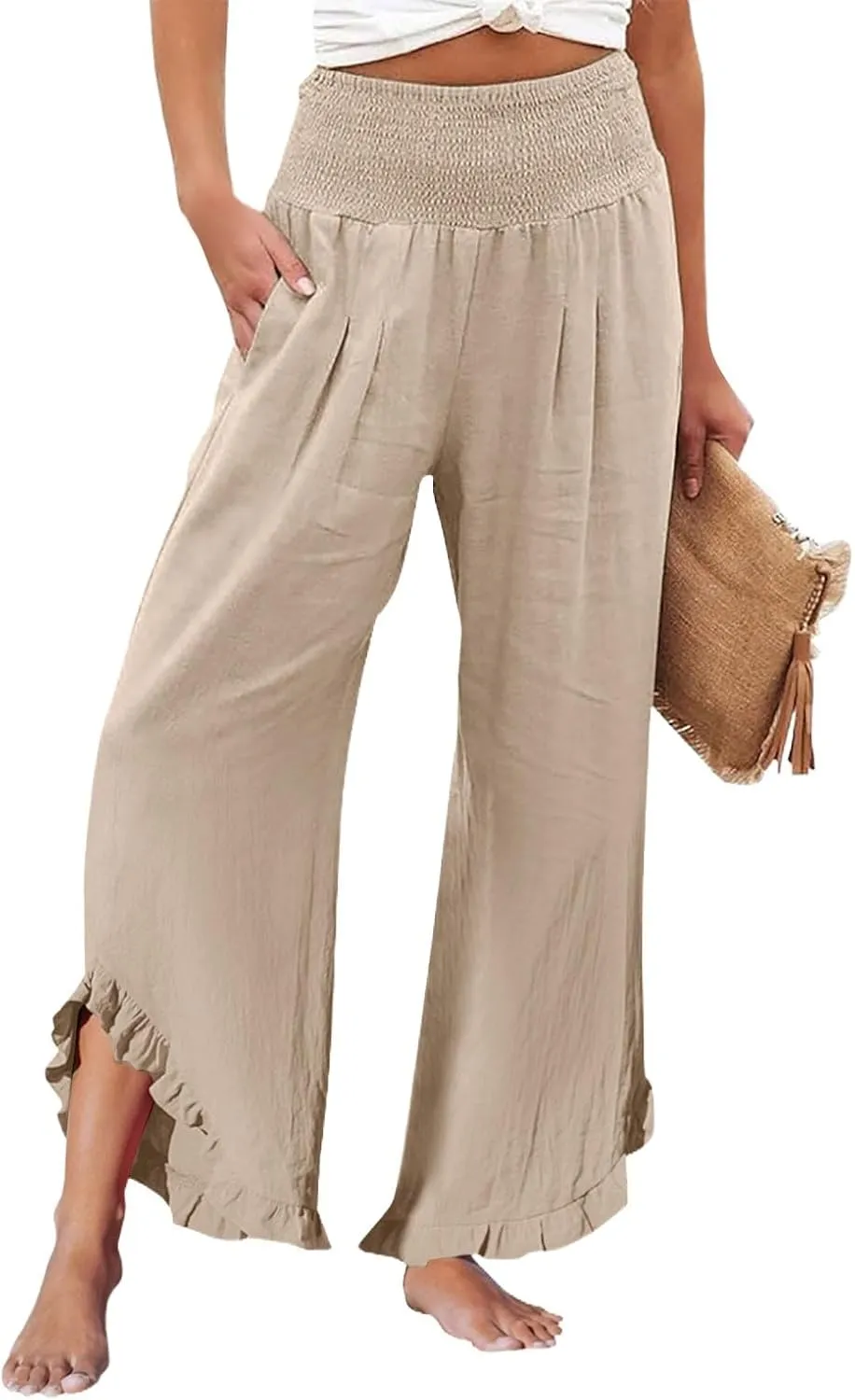 Palazzo Pants for Women Linen Elastic Waist Summer Wide Leg Pants with Pockets Smocked Loose Casual Vacation Outfits