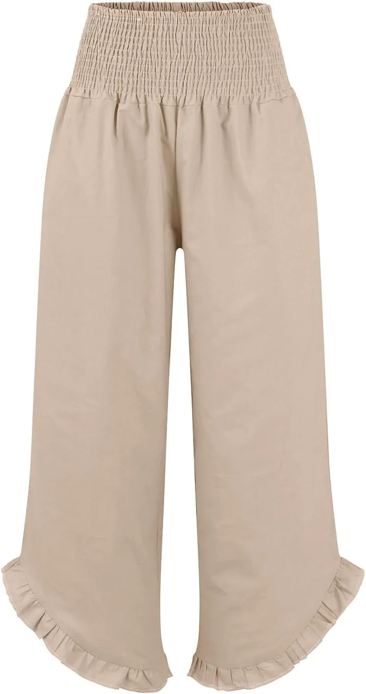 Palazzo Pants for Women Linen Elastic Waist Summer Wide Leg Pants with Pockets Smocked Loose Casual Vacation Outfits
