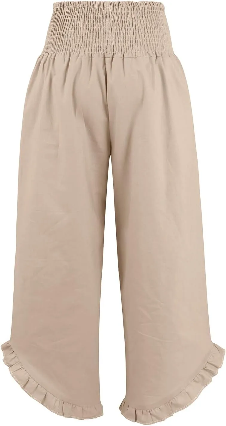 Palazzo Pants for Women Linen Elastic Waist Summer Wide Leg Pants with Pockets Smocked Loose Casual Vacation Outfits