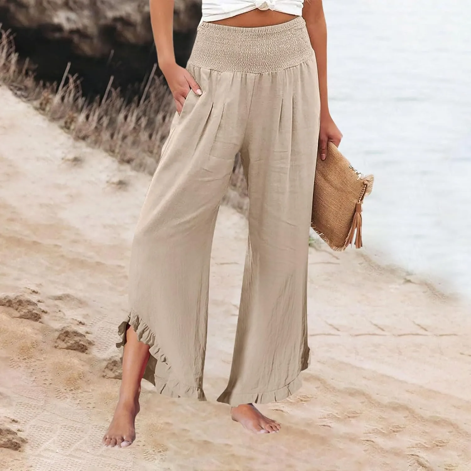 Palazzo Pants for Women Linen Elastic Waist Summer Wide Leg Pants with Pockets Smocked Loose Casual Vacation Outfits