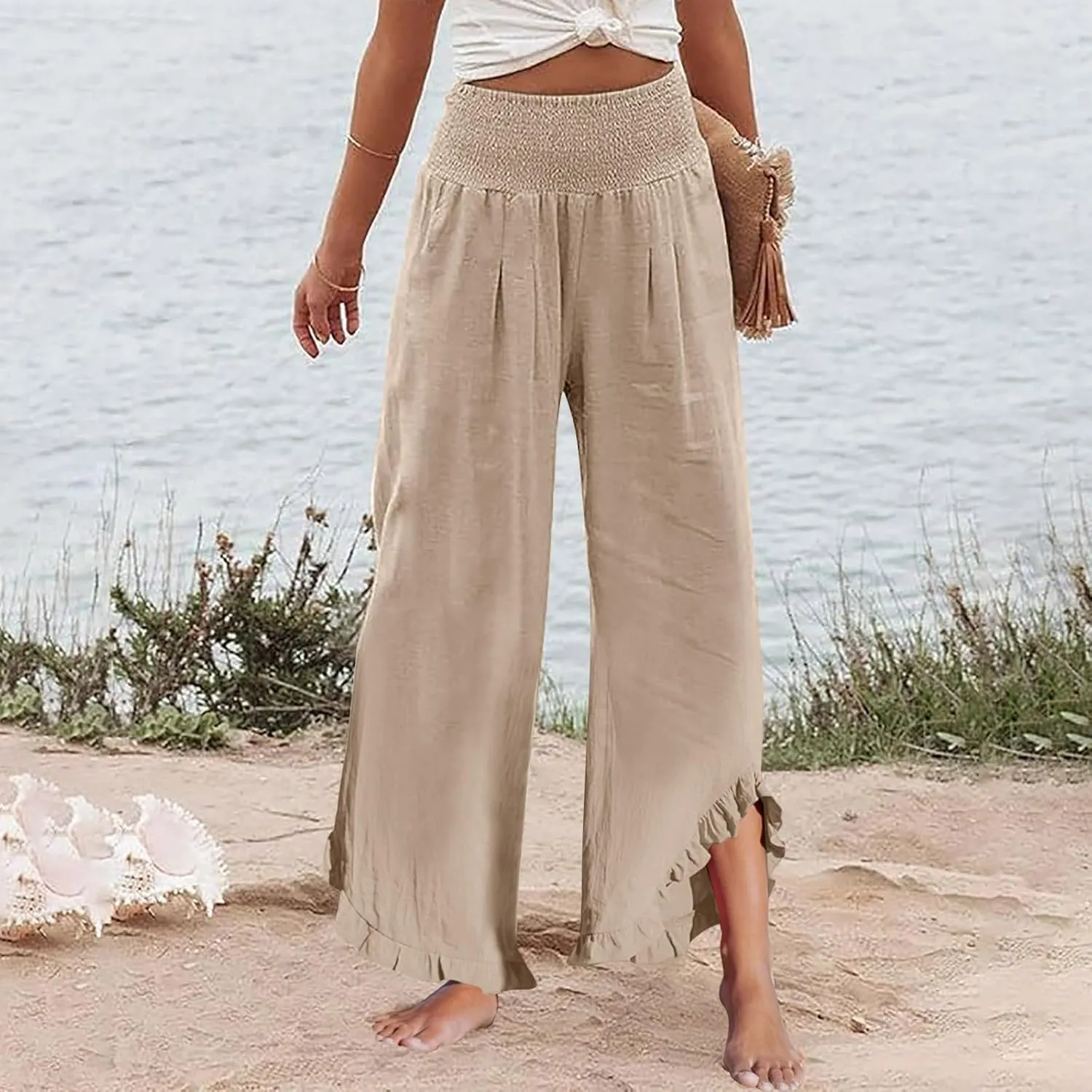 Palazzo Pants for Women Linen Elastic Waist Summer Wide Leg Pants with Pockets Smocked Loose Casual Vacation Outfits