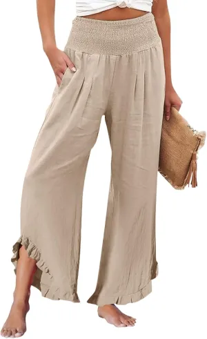 Palazzo Pants for Women Linen Elastic Waist Summer Wide Leg Pants with Pockets Smocked Loose Casual Vacation Outfits