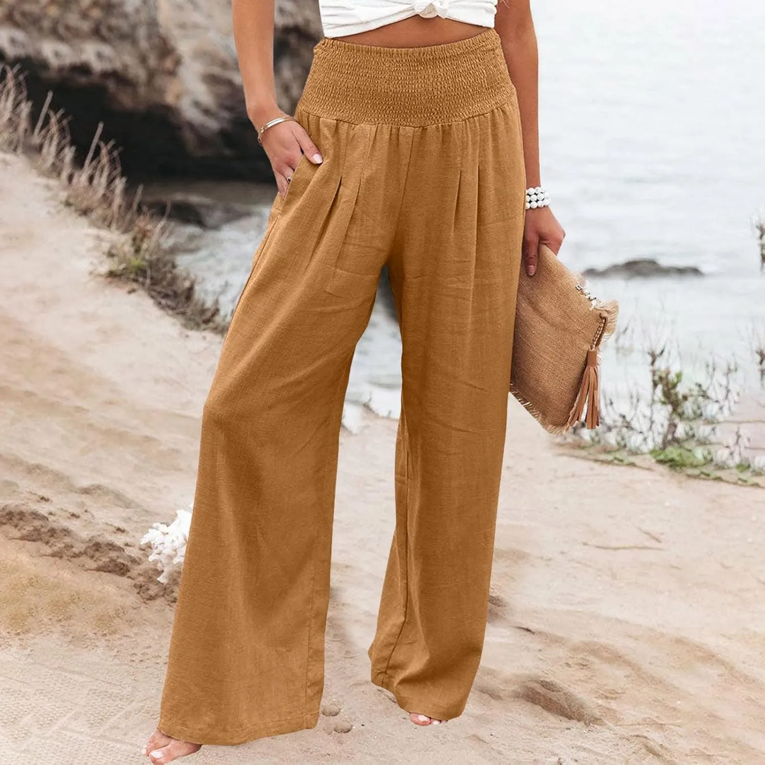 Pants for Women Trendy Pants Comfy Work Pants with Pockets Elastic High Waist Paper Bag Drawstring N De Lino para
