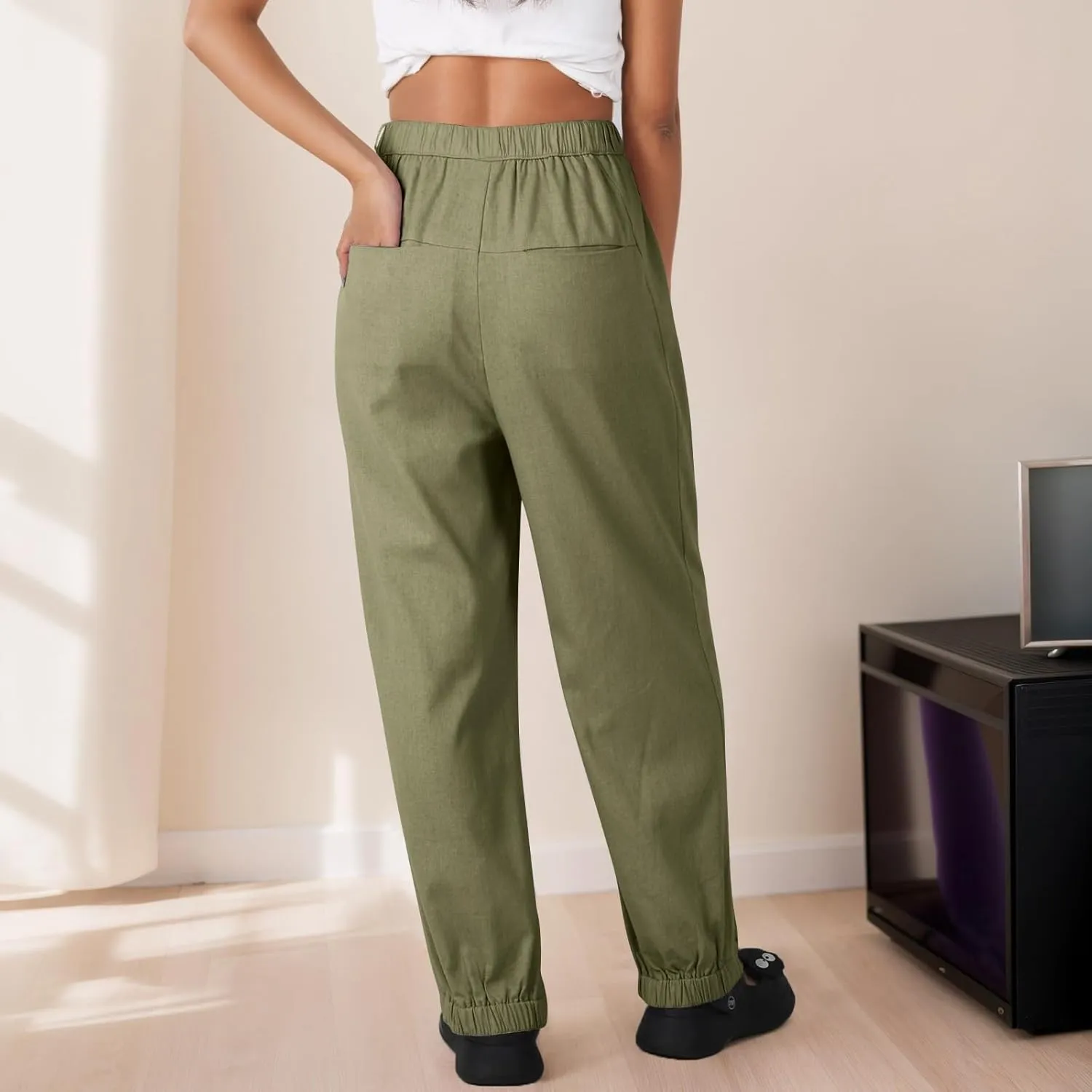 Pants for Women Women's Autumn Fashion Solid Color Elastic Waisted Casual Cropped Pants with Pockets 2024
