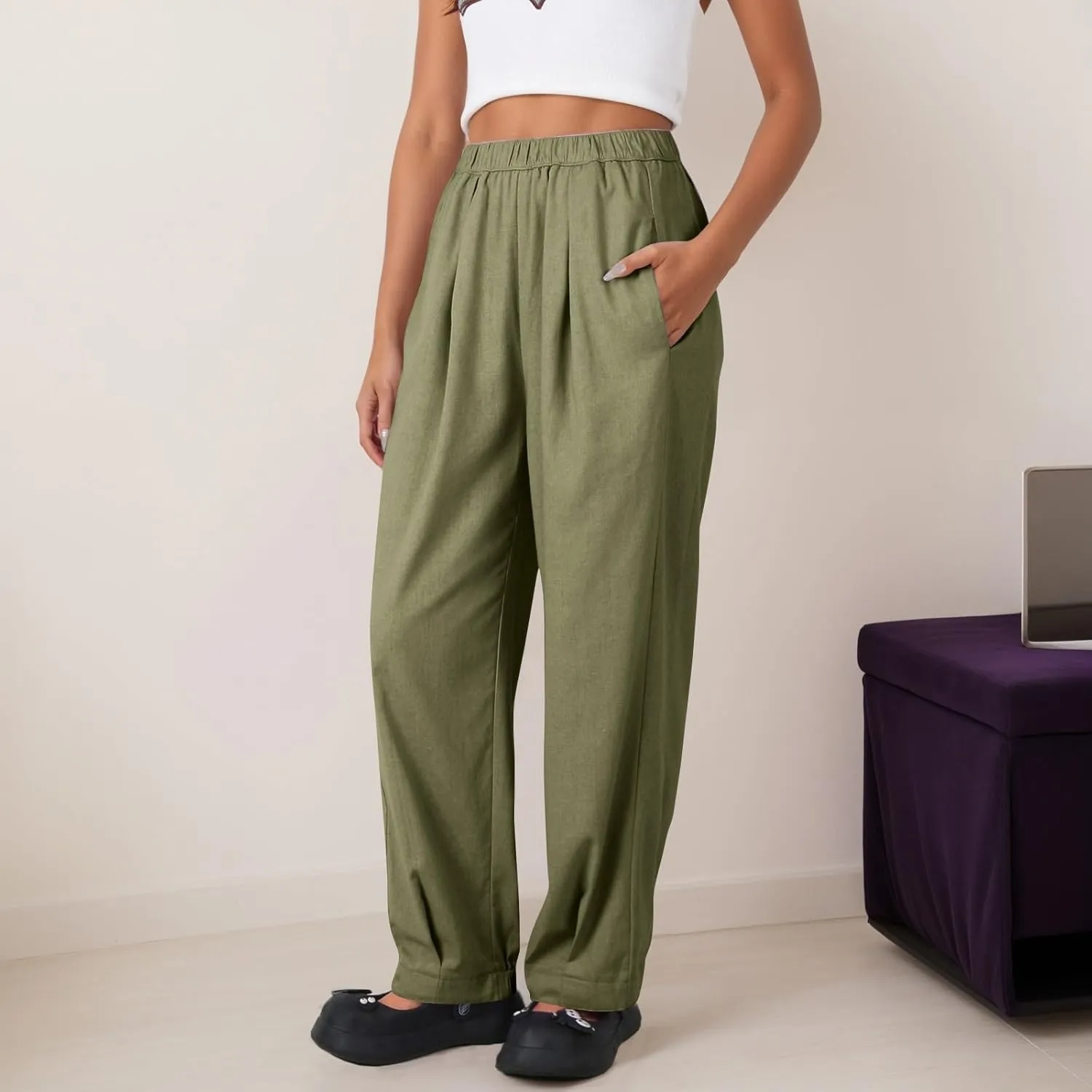 Pants for Women Women's Autumn Fashion Solid Color Elastic Waisted Casual Cropped Pants with Pockets 2024
