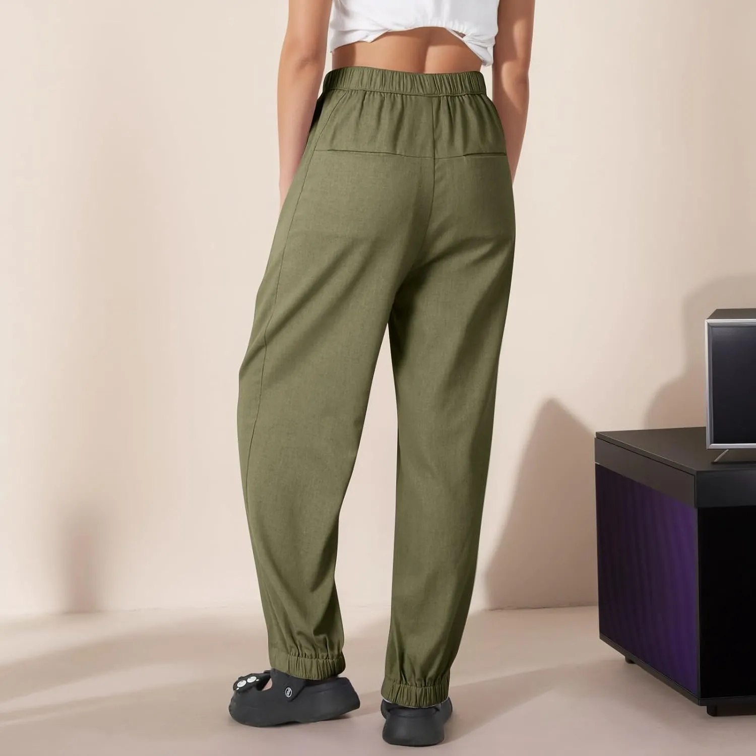 Pants for Women Women's Autumn Fashion Solid Color Elastic Waisted Casual Cropped Pants with Pockets 2024
