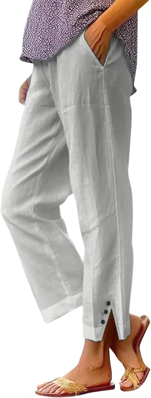 Petite Linen Cotton Pants for Women Summer Work Pants Boho Floral Beach Summer Clother with Pockets 2025