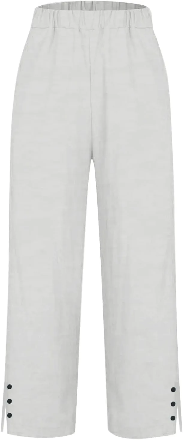 Petite Linen Cotton Pants for Women Summer Work Pants Boho Floral Beach Summer Clother with Pockets 2025