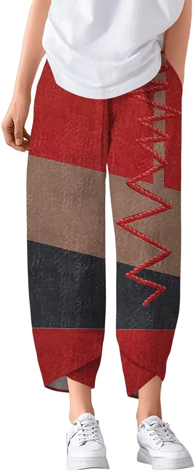 Petite Linen Pants Summer Wide Leg Hight Waisted Capri Pants Cotton Linen Comfy Cropped Palazzo Trousers with Pockets