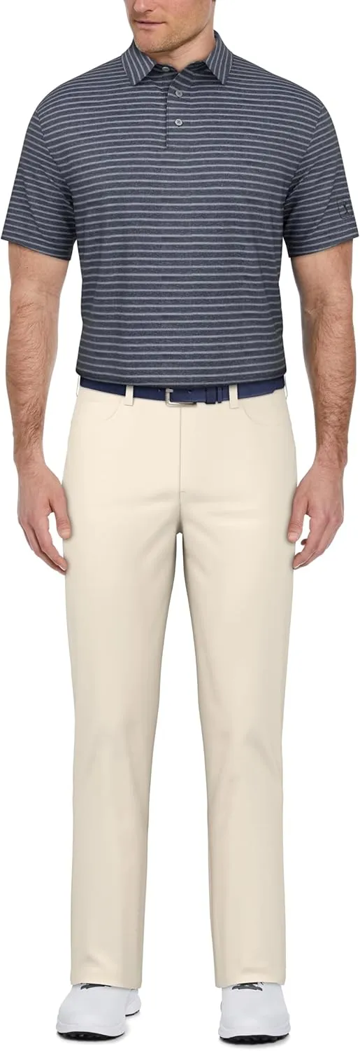 PGA TOUR Men's Heather Feeder Stripe Short Sleeve Golf Polo Shirt, Moisture-Wicking, Sun Protection, Stretch Shoulder Seams