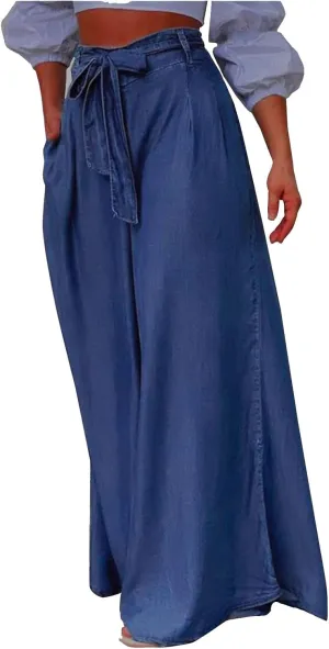 Plus Size Palazzo Pants for Women Summer Casual Bandage High Waist Loose Wide Leg Lounge Trousers with Pockets