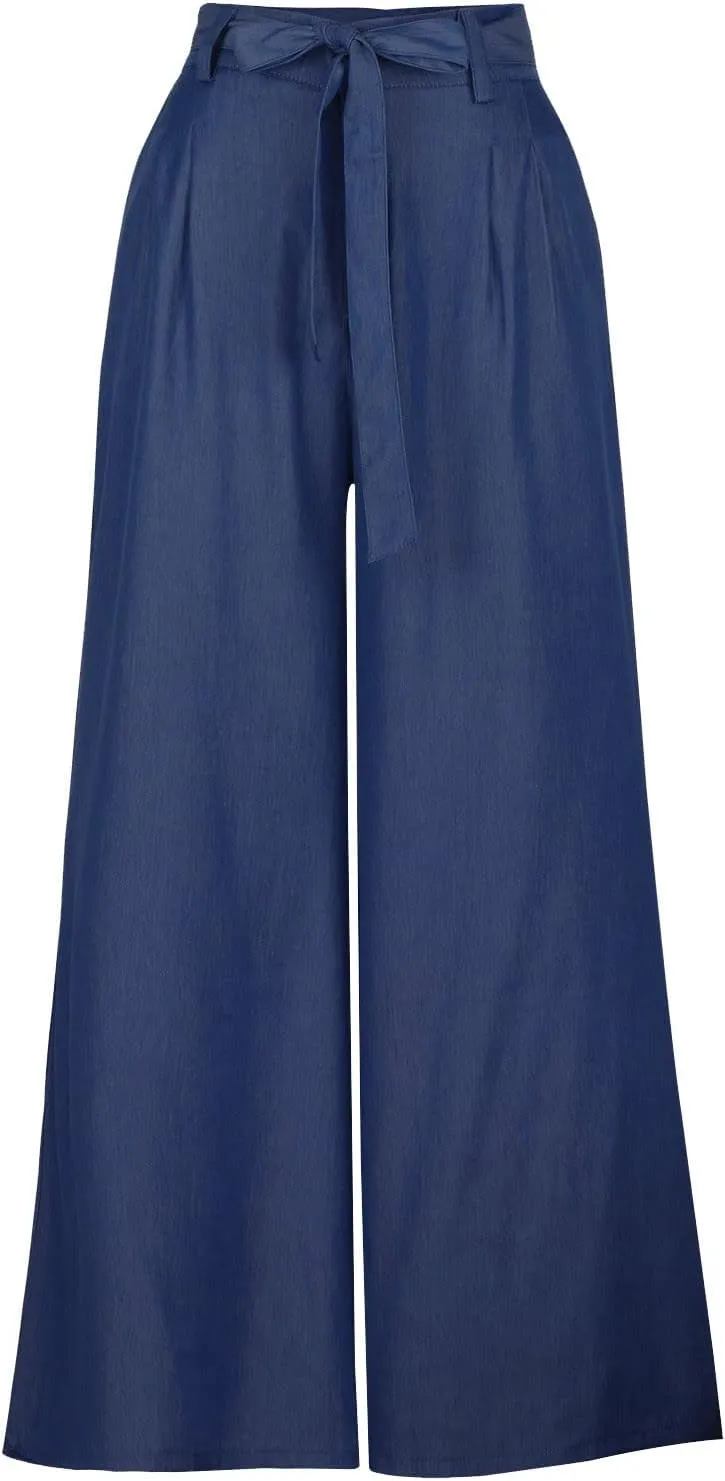 Plus Size Palazzo Pants for Women Summer Casual Bandage High Waist Loose Wide Leg Lounge Trousers with Pockets