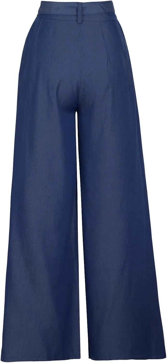 Plus Size Palazzo Pants for Women Summer Casual Bandage High Waist Loose Wide Leg Lounge Trousers with Pockets