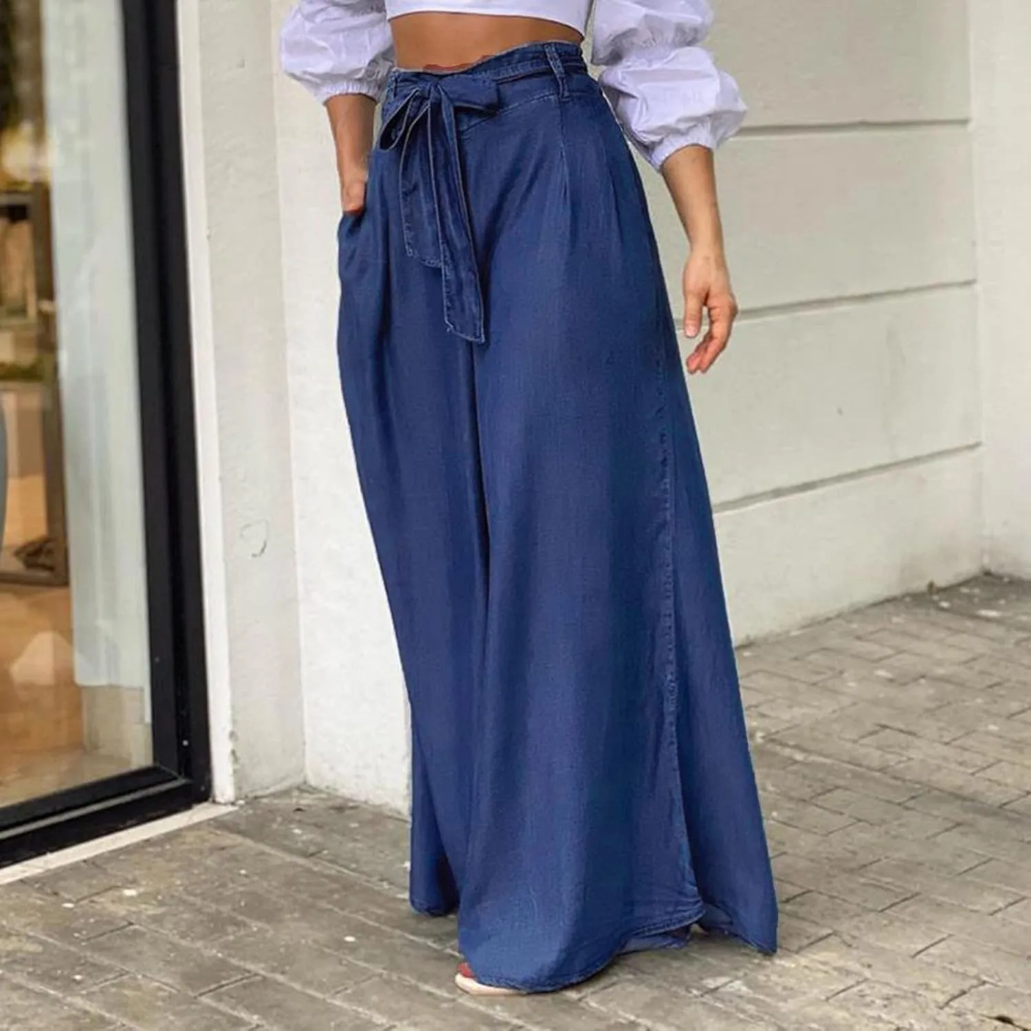 Plus Size Palazzo Pants for Women Summer Casual Bandage High Waist Loose Wide Leg Lounge Trousers with Pockets