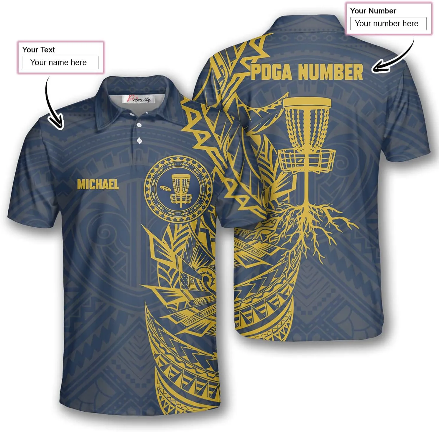 PRIMESTY Disc Golf Polo Shirts for Men, Custom Name & PDGA Number Jerseys, Size S-5XL