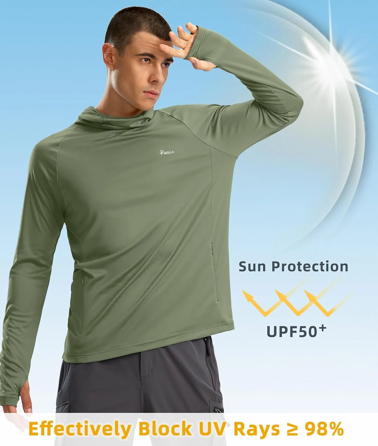Pudolla Men's Sun Protection Hoodie UPF 50  Fishing Hiking Shirt UV Shirts with Mask for Men Long Sleeve Lightweight