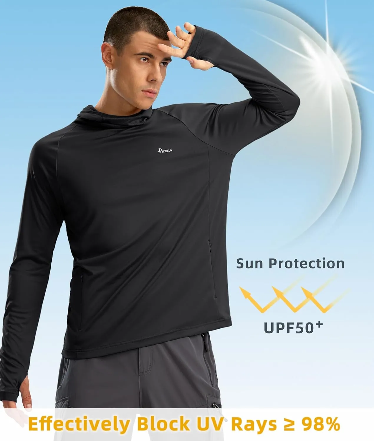 Pudolla Men's Sun Protection Hoodie UPF 50  Fishing Hiking Shirt UV Shirts with Mask for Men Long Sleeve Lightweight