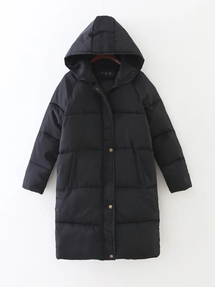 Pure Color Women Winter Warm Long Hooded Down Coat