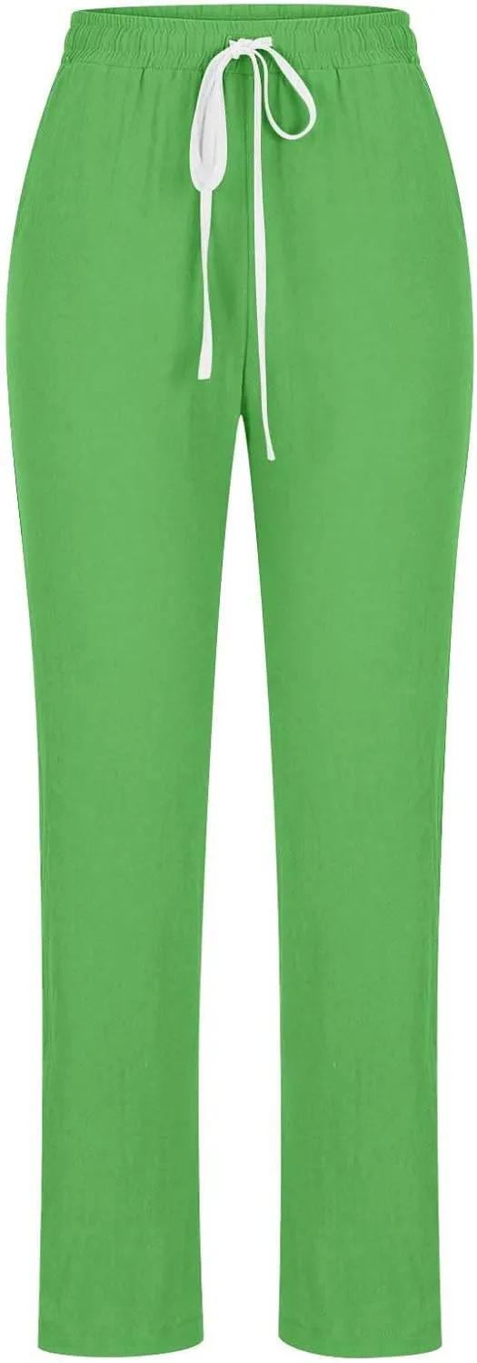 Qeaghou Linen Pants Women Summer Straight Leg Casual Pants Drawstring Elastic High Waist Loose Comfy Trousers with Pockets