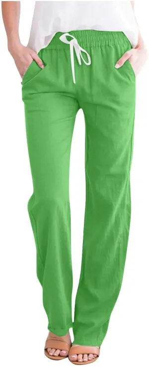 Qeaghou Linen Pants Women Summer Straight Leg Casual Pants Drawstring Elastic High Waist Loose Comfy Trousers with Pockets