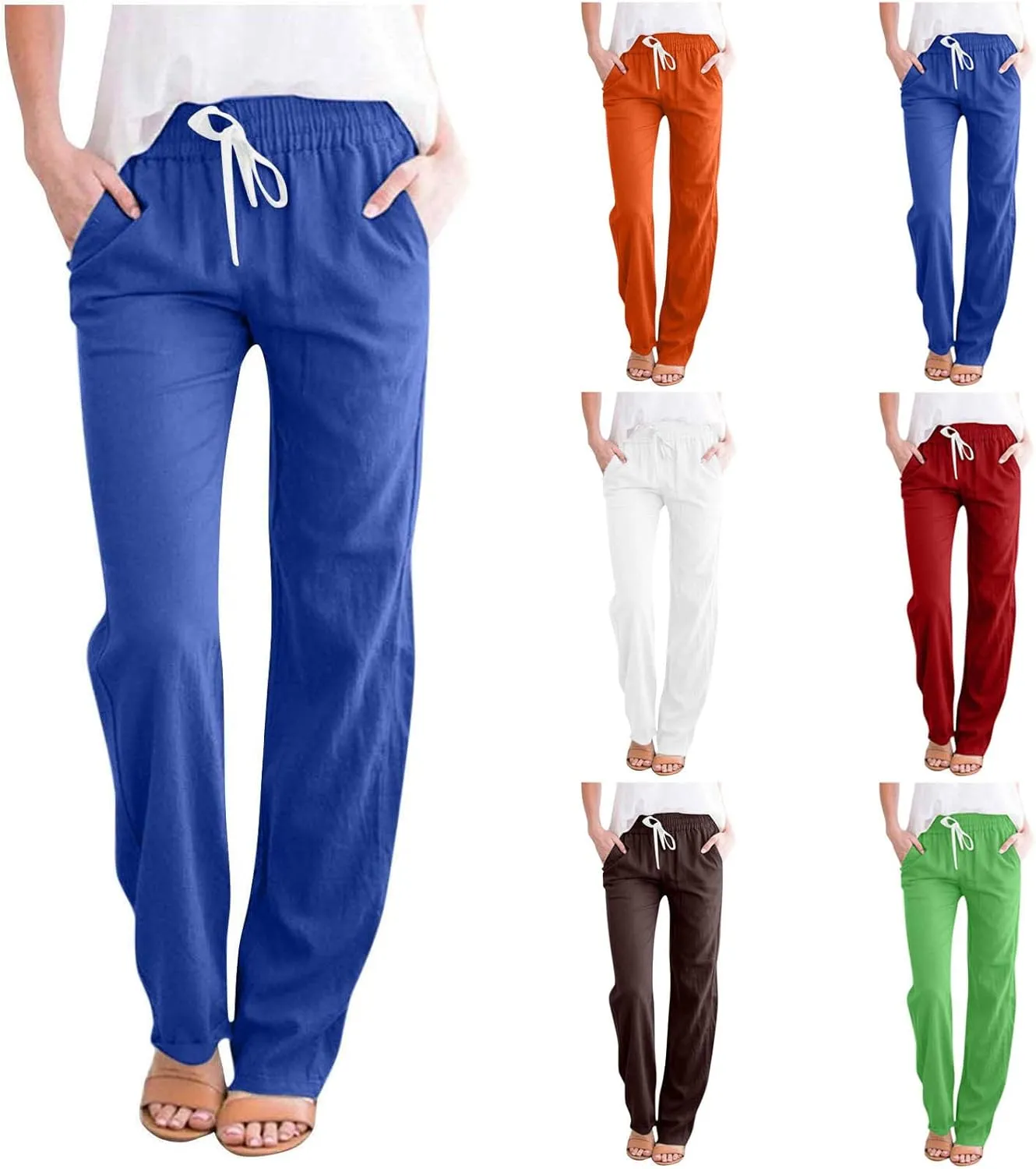 Qeaghou Linen Pants Women Summer Straight Leg Casual Pants Drawstring Elastic High Waist Loose Comfy Trousers with Pockets