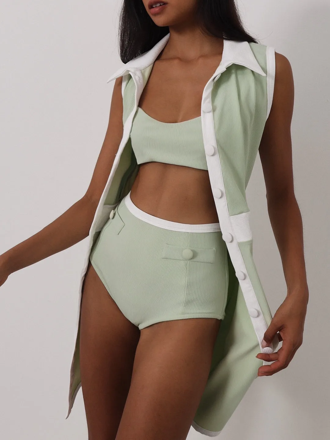 Raya Contrast Rib Bikini Top | Pistachio/White