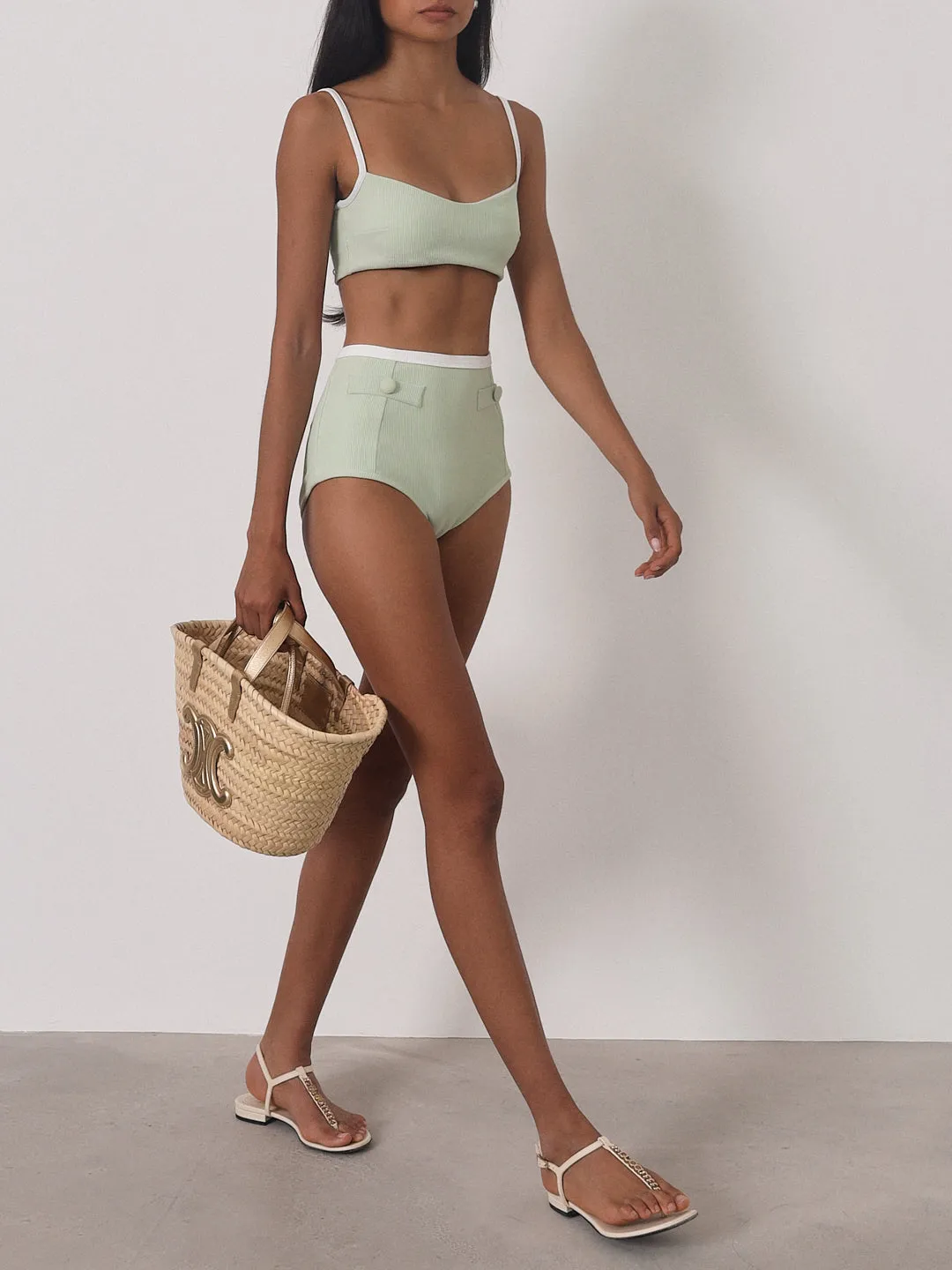 Raya Contrast Rib Bikini Top | Pistachio/White