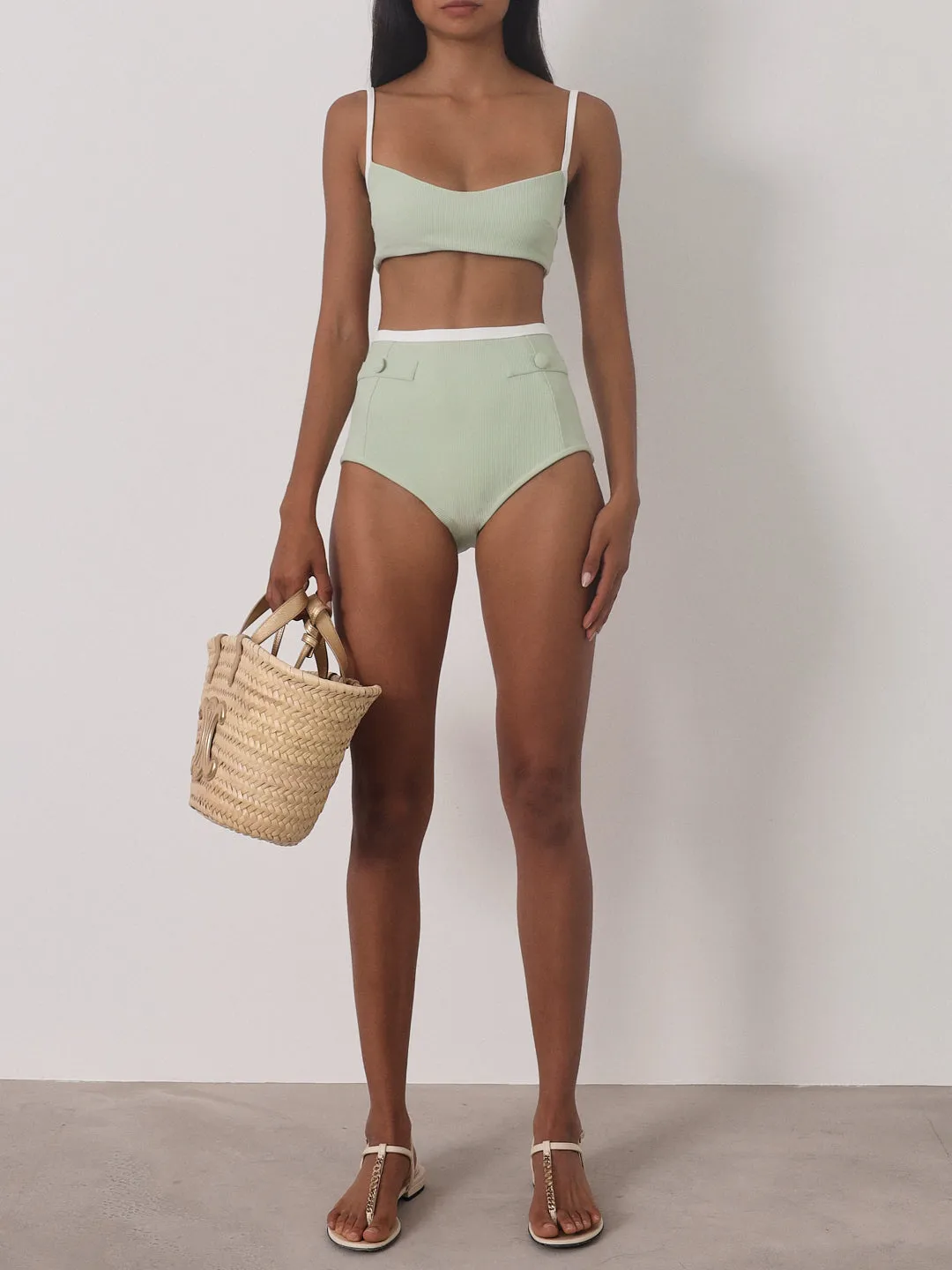 Raya Contrast Rib Bikini Top | Pistachio/White
