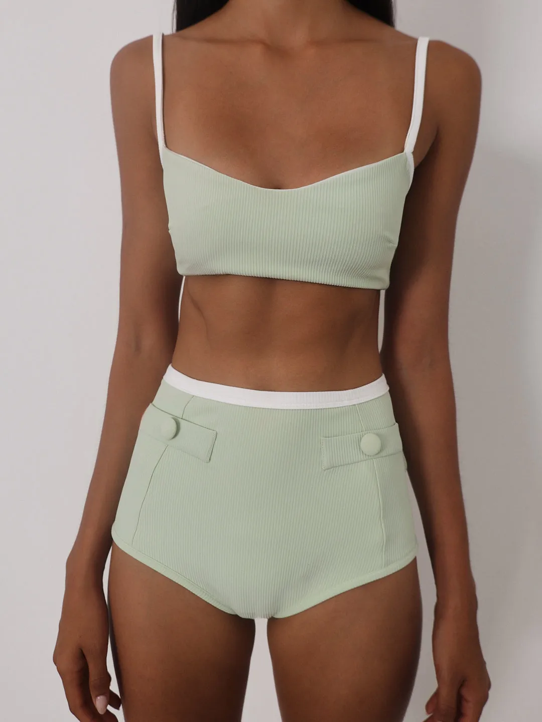 Raya Contrast Rib Bikini Top | Pistachio/White