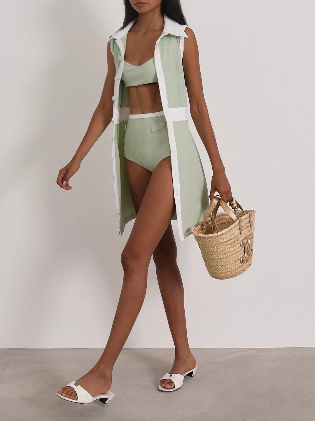 Raya Contrast Rib Bikini Top | Pistachio/White
