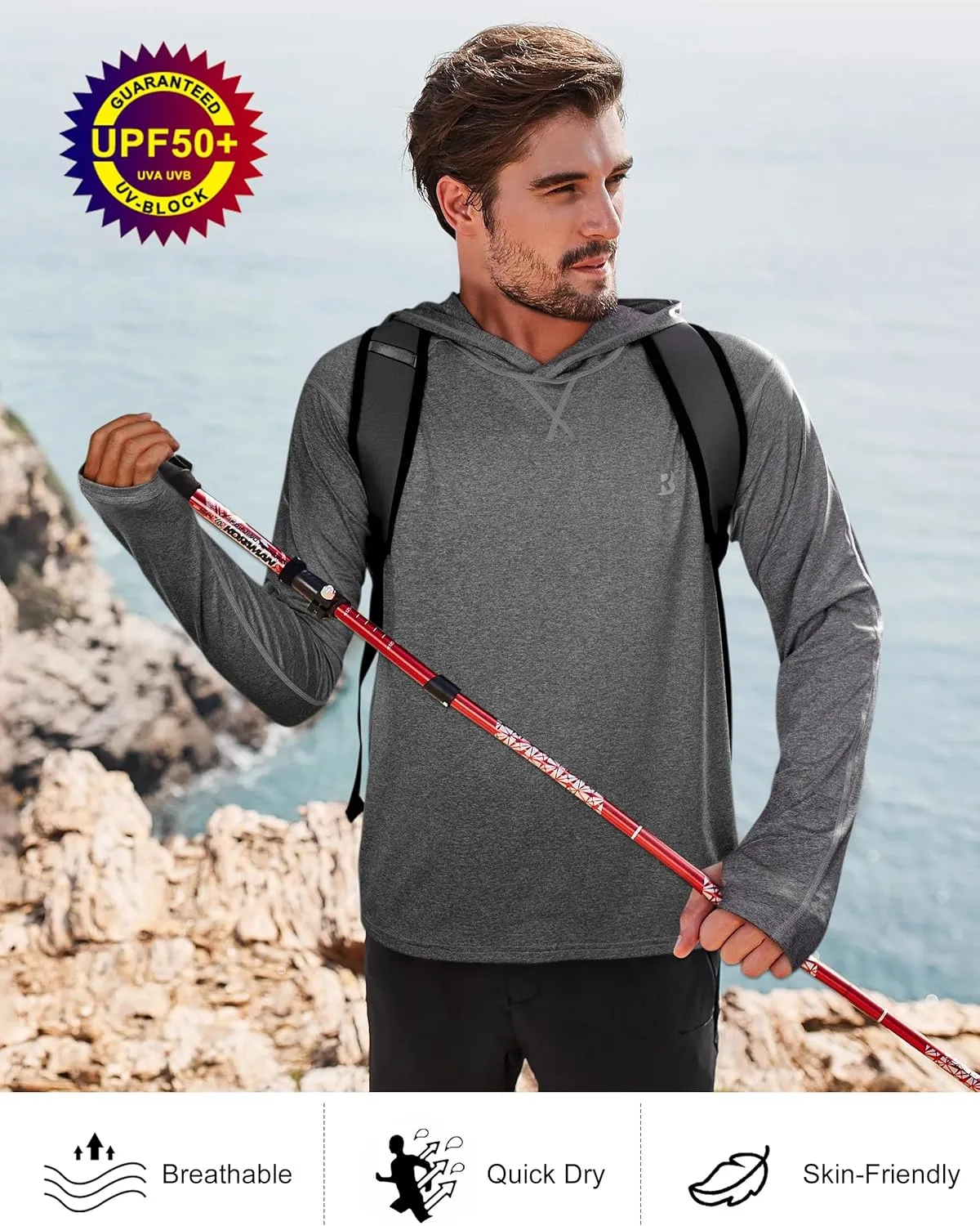 Roadbox Mens UPF 50  Fishing Shirts, Long Sleeve UV Sun Hoodie, Hiking Running Swim Athletic Workout Shirt