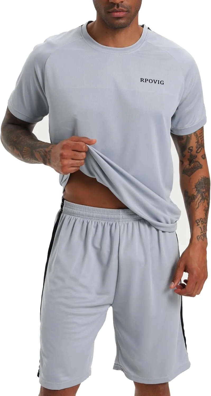 RPOVIG Shirts Shorts Workout Set:Men's 3 Pack Clothes Short set outfits Gym Active Athletic Basketball