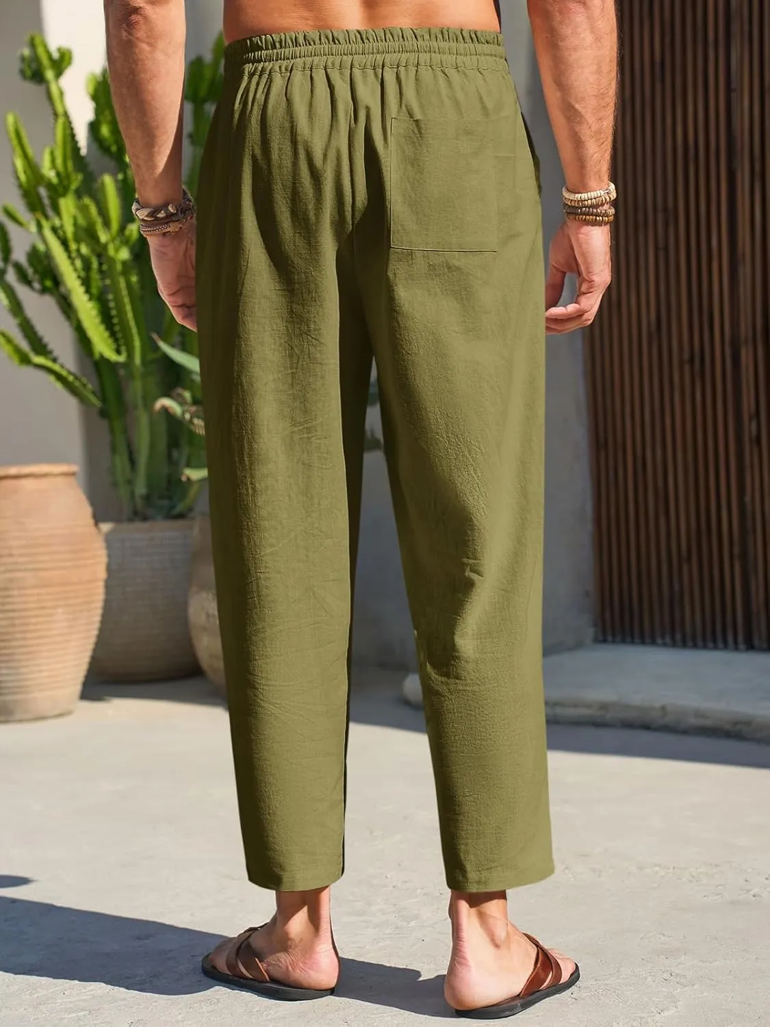 Runcati Mens Cotton Casual Pants Elastic Waist Drawstring Lightweight Cropped Pants Summer Beach Yoga Trousers