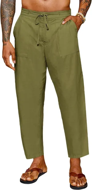 Runcati Mens Cotton Casual Pants Elastic Waist Drawstring Lightweight Cropped Pants Summer Beach Yoga Trousers