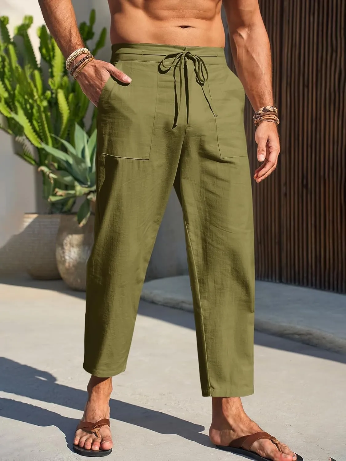 Runcati Mens Cotton Casual Pants Elastic Waist Drawstring Lightweight Cropped Pants Summer Beach Yoga Trousers