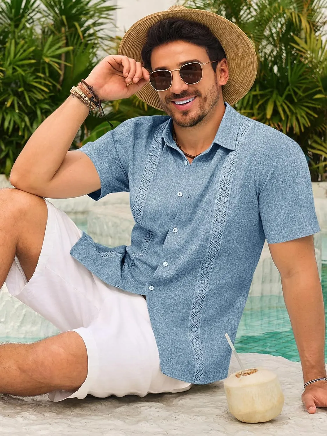 Runcati Mens Guayabera Shirts Button Down Cuban Casual Short Sleeve Shirt Summer Linen Beach Mexican Wedding Tops