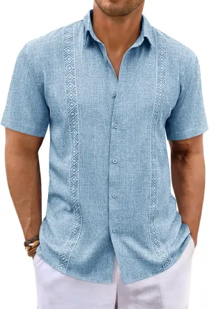 Runcati Mens Guayabera Shirts Button Down Cuban Casual Short Sleeve Shirt Summer Linen Beach Mexican Wedding Tops