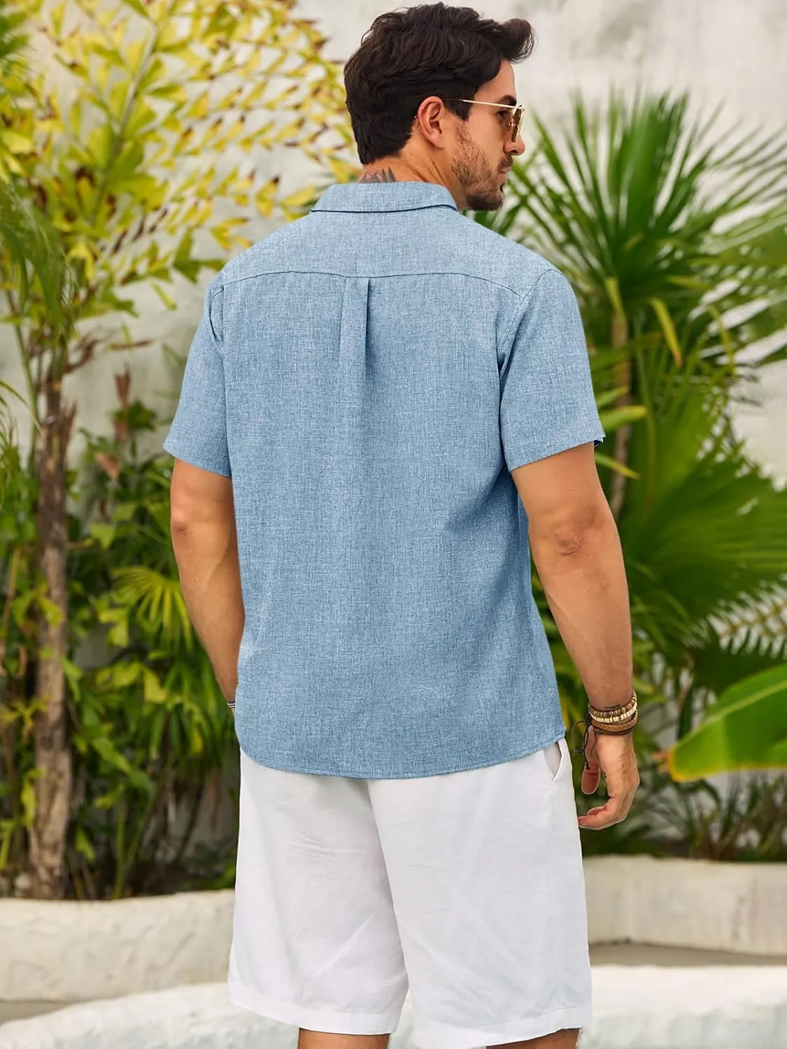 Runcati Mens Guayabera Shirts Button Down Cuban Casual Short Sleeve Shirt Summer Linen Beach Mexican Wedding Tops