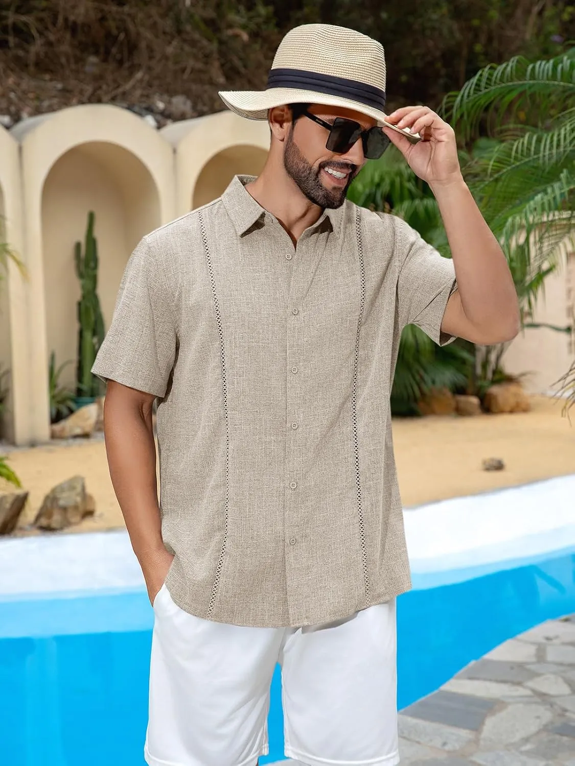 Runcati Mens Short Sleeve Guayabera Shirts Cuban Button Down Casual Shirt Summer Vacation Wedding Embroidered Linen Tops