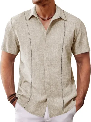 Runcati Mens Short Sleeve Guayabera Shirts Cuban Button Down Casual Shirt Summer Vacation Wedding Embroidered Linen Tops