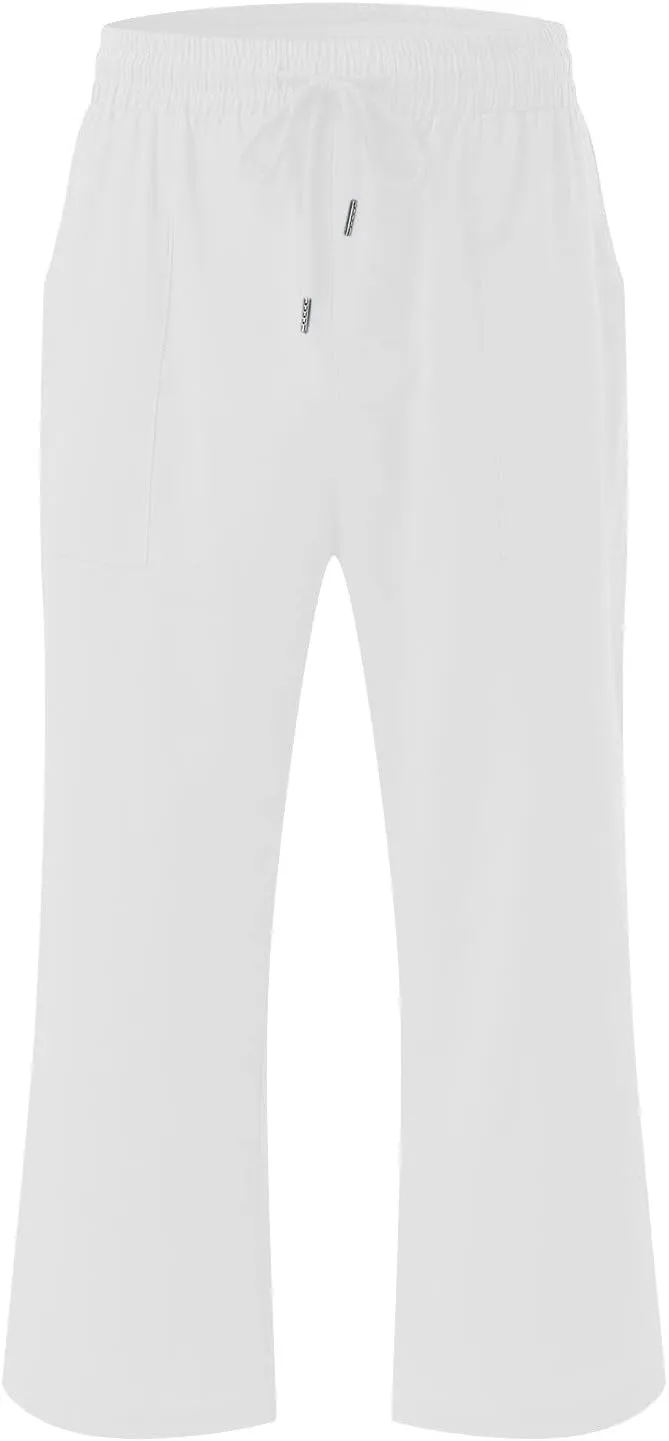 Ruziyoog Capris Pants for Women Cotton Linen Casual High Waist Drawstring Cropped Trouser Summer Loose Straight Wide Leg Pant
