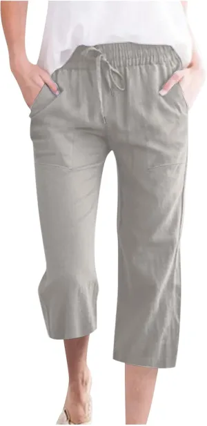 Ruziyoog Capris Pants for Women Cotton Linen Casual High Waist Drawstring Cropped Trouser Summer Loose Straight Wide Leg Pant