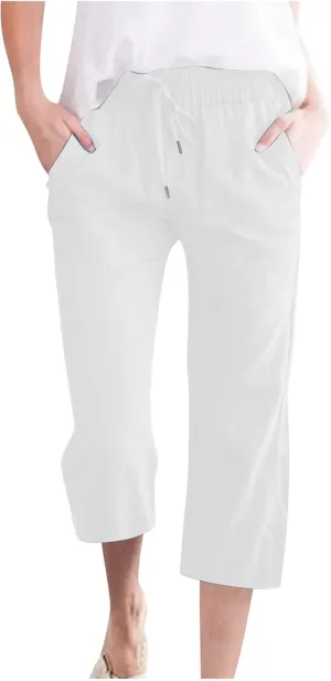 Ruziyoog Capris Pants for Women Cotton Linen Casual High Waist Drawstring Cropped Trouser Summer Loose Straight Wide Leg Pant